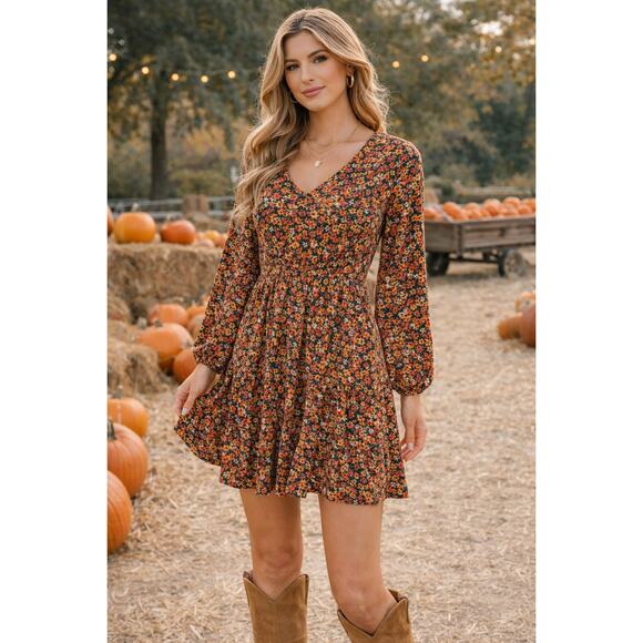 Gilli Dresses & Skirts - Gilli Floral Long Sleeve Mini Dress Size Small Fall Colors Boho